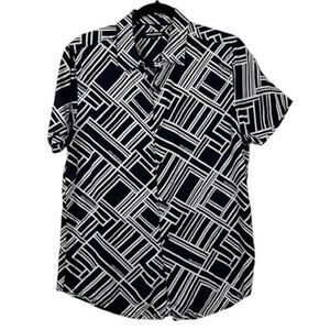 Karl Lagerfeld Logo Print Geo Short Sleeve‎ Button Front Shirt Black White Small